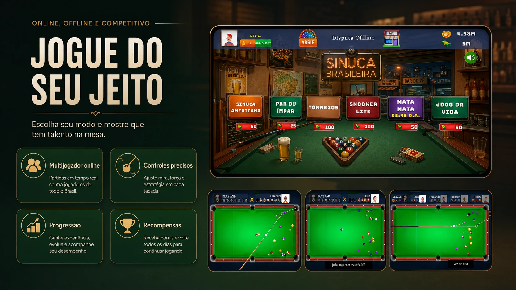 Montagem promocional mostrando partidas e modos de Sinuca Brasileira