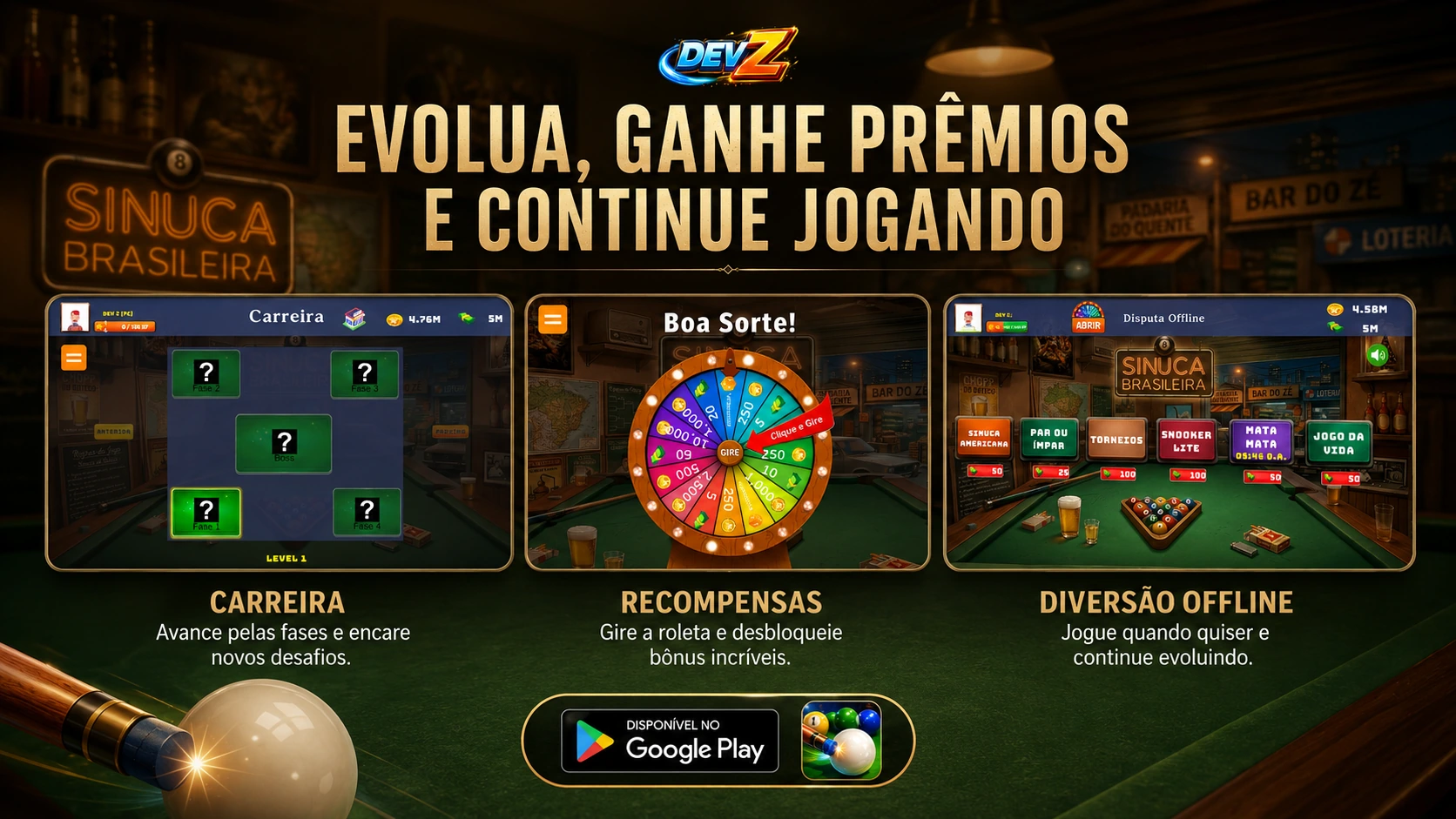 Imagem promocional com carreira, roleta de bônus e diversão offline na Sinuca Brasileira